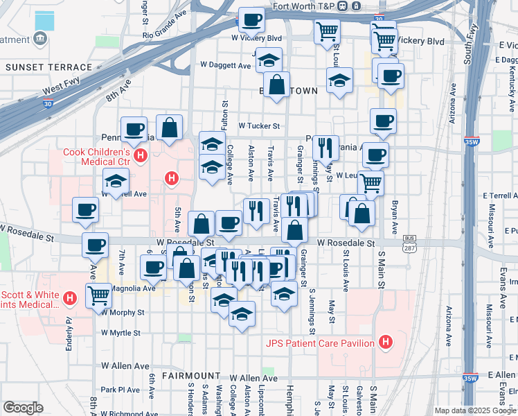 map of restaurants, bars, coffee shops, grocery stores, and more near 928 Lipscomb Street in Fort Worth