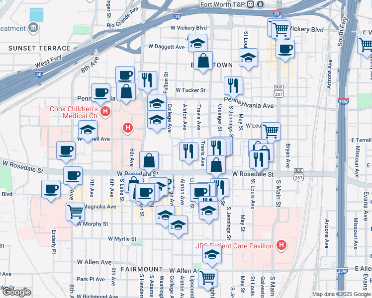 map of restaurants, bars, coffee shops, grocery stores, and more near 928 Lipscomb Street in Fort Worth
