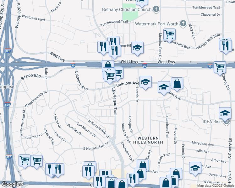 map of restaurants, bars, coffee shops, grocery stores, and more near 2821 Las Vegas Trail in Fort Worth