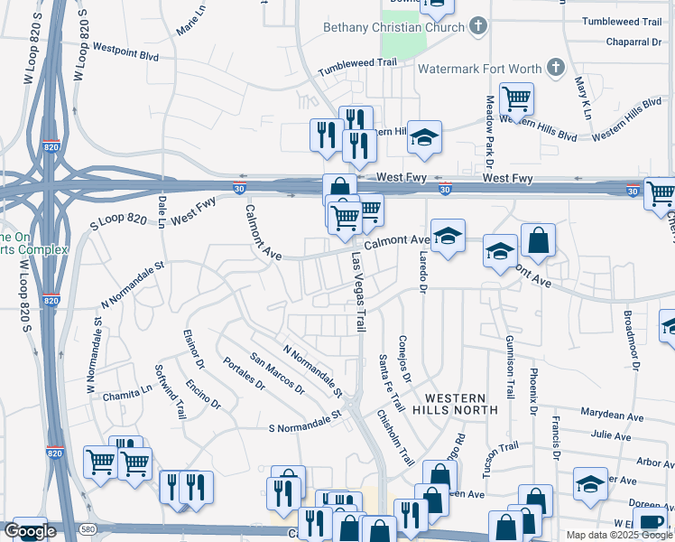 map of restaurants, bars, coffee shops, grocery stores, and more near 2802 Las Vegas Trail in Fort Worth