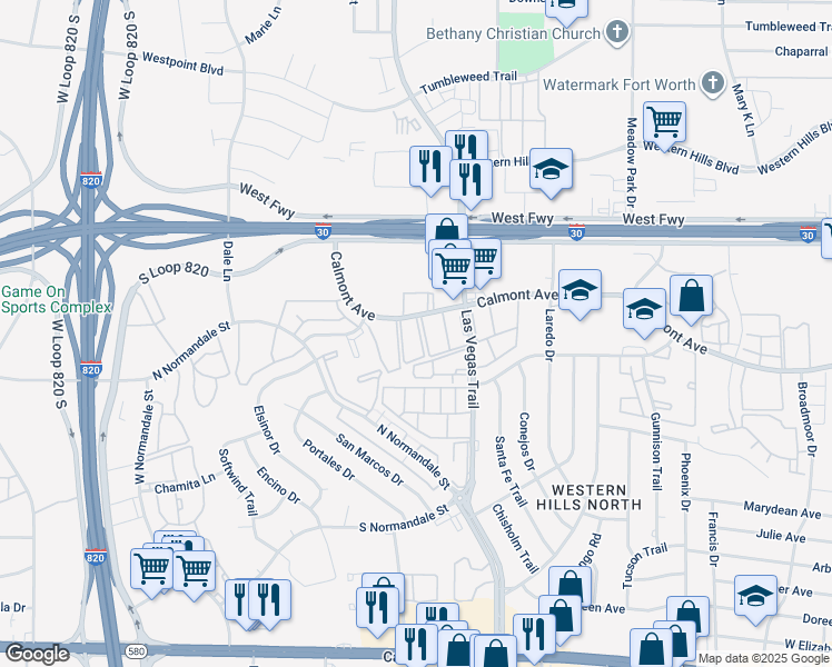 map of restaurants, bars, coffee shops, grocery stores, and more near 8701 Hammock in Fort Worth