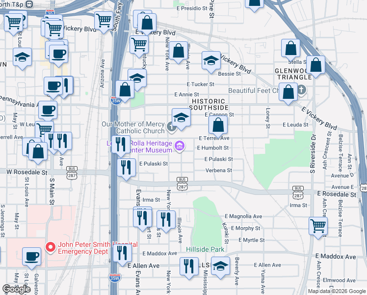 map of restaurants, bars, coffee shops, grocery stores, and more near 1058 East Humbolt Street in Fort Worth