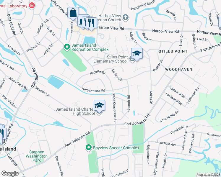 map of restaurants, bars, coffee shops, grocery stores, and more near 970 Grand Concourse Street in Charleston