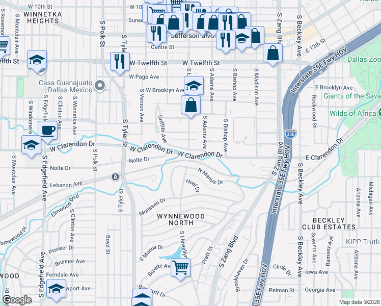 map of restaurants, bars, coffee shops, grocery stores, and more near 604 West Clarendon Drive in Dallas