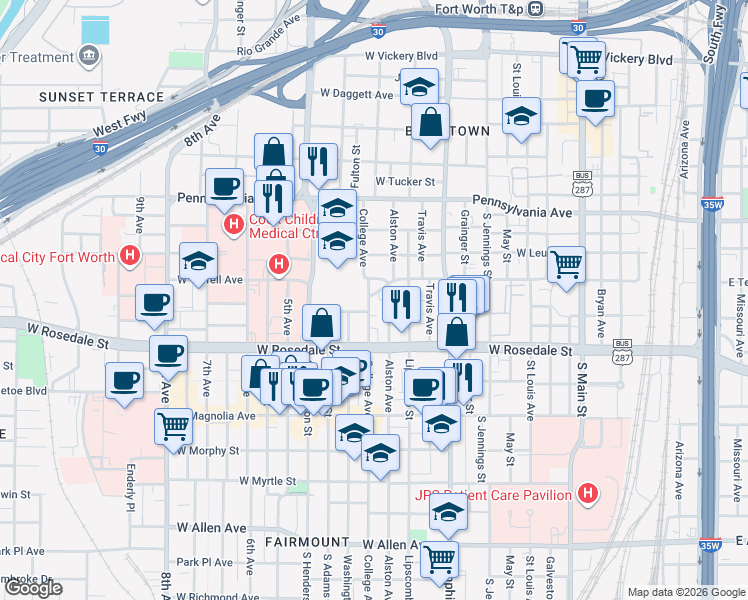 map of restaurants, bars, coffee shops, grocery stores, and more near 923 College Avenue in Fort Worth