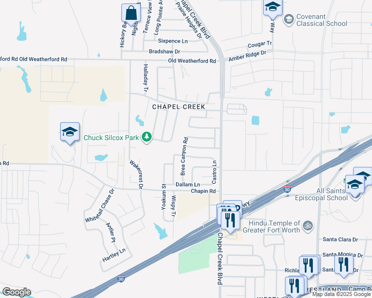 map of restaurants, bars, coffee shops, grocery stores, and more near 10269 Tustin Terrace in Fort Worth