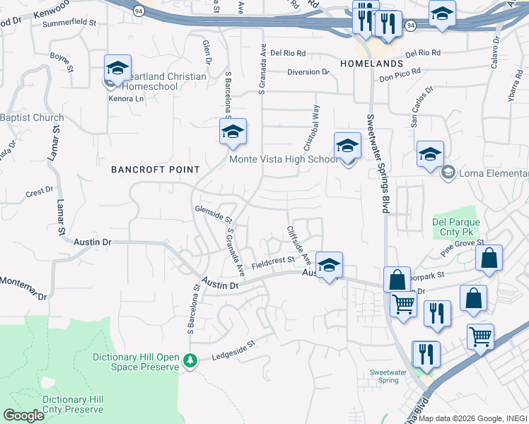 map of restaurants, bars, coffee shops, grocery stores, and more near 3027 Highlands Boulevard in Spring Valley