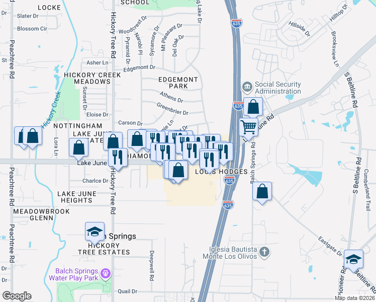 map of restaurants, bars, coffee shops, grocery stores, and more near 12209 Lake June Road in Balch Springs