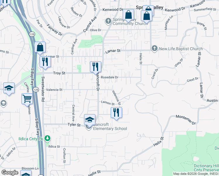 map of restaurants, bars, coffee shops, grocery stores, and more near 9050 Valencia Street in Spring Valley