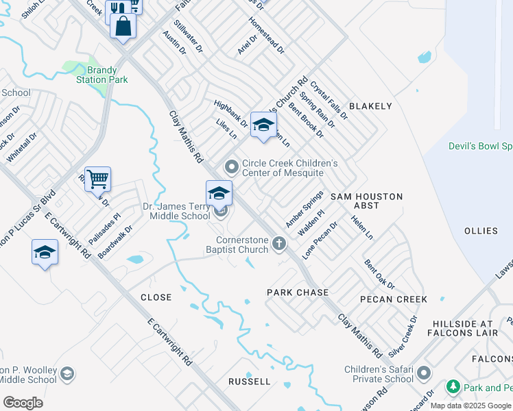 map of restaurants, bars, coffee shops, grocery stores, and more near 2225 Creek Royal Drive in Mesquite