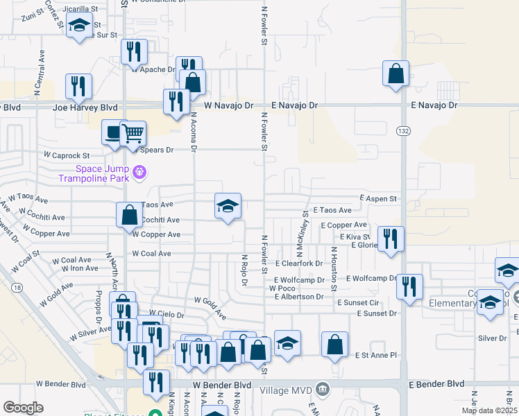 map of restaurants, bars, coffee shops, grocery stores, and more near 101 West Taos Street in Hobbs