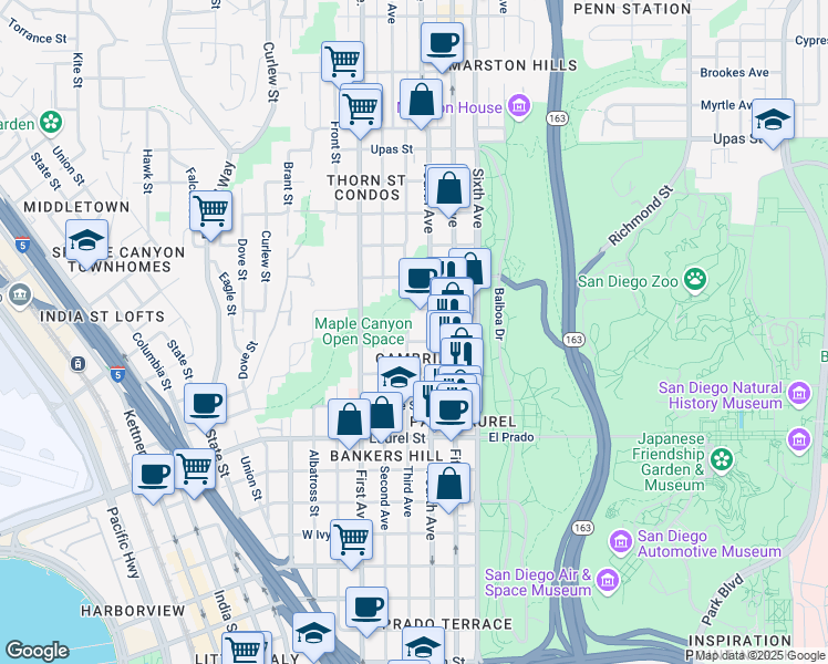 map of restaurants, bars, coffee shops, grocery stores, and more near in San Diego