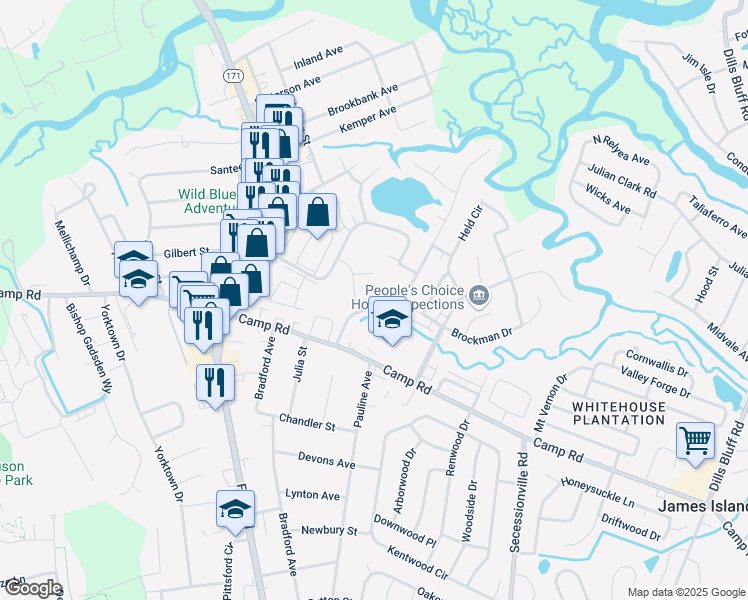 map of restaurants, bars, coffee shops, grocery stores, and more near 68 Oyster Point Row in Charleston