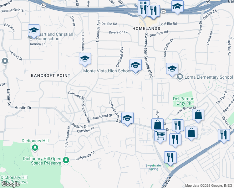 map of restaurants, bars, coffee shops, grocery stores, and more near 3127 Highlands Boulevard in Spring Valley
