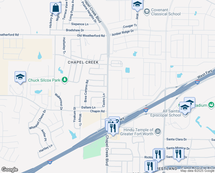 map of restaurants, bars, coffee shops, grocery stores, and more near 2393 Chapel Creek Boulevard in Fort Worth