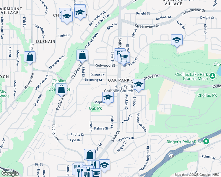 map of restaurants, bars, coffee shops, grocery stores, and more near 5317 Caminito Mindy in San Diego