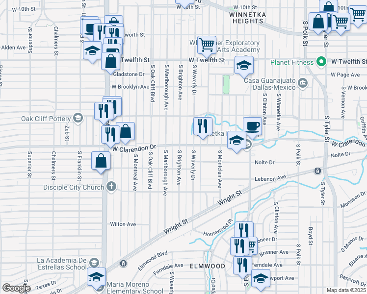 map of restaurants, bars, coffee shops, grocery stores, and more near 1108 South Brighton Avenue in Dallas