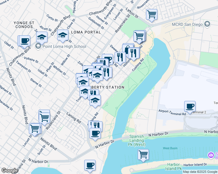 map of restaurants, bars, coffee shops, grocery stores, and more near 2750 Womble Road in San Diego
