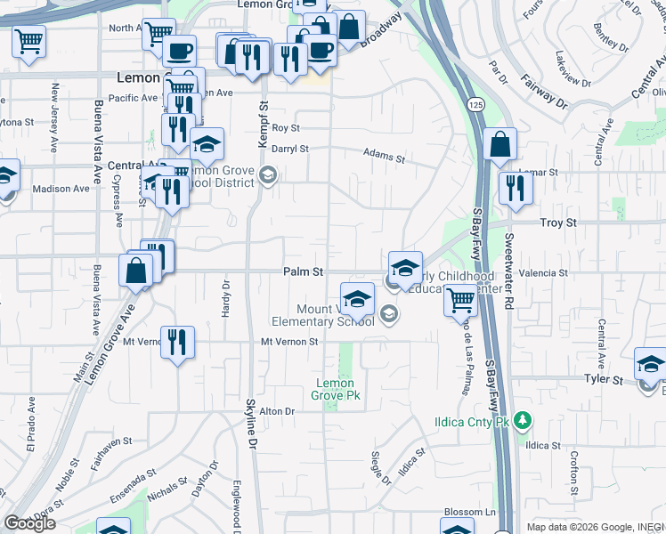 map of restaurants, bars, coffee shops, grocery stores, and more near 8210 Palm Street in Lemon Grove