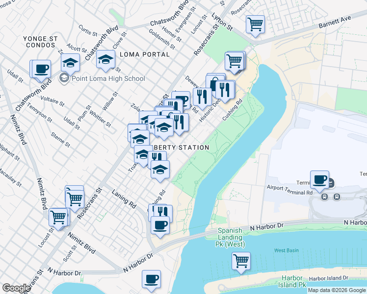 map of restaurants, bars, coffee shops, grocery stores, and more near 2750 Womble Road in San Diego