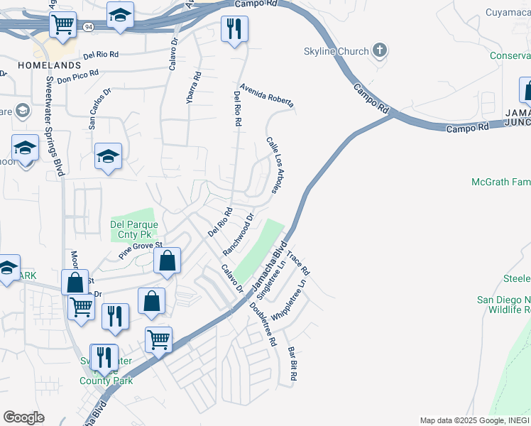 map of restaurants, bars, coffee shops, grocery stores, and more near 2914 Alanwood Court in Spring Valley