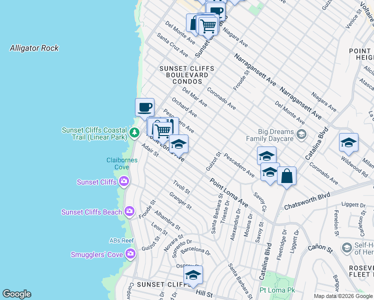map of restaurants, bars, coffee shops, grocery stores, and more near 4577 Bermuda Avenue in San Diego