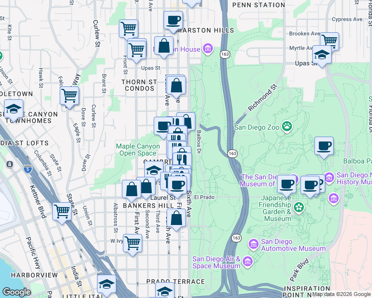 map of restaurants, bars, coffee shops, grocery stores, and more near 2808 Sixth Avenue in San Diego