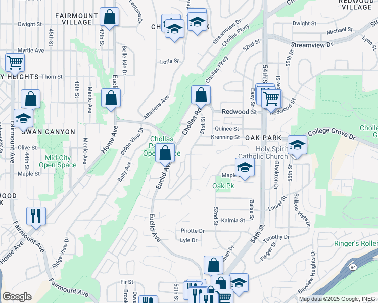 map of restaurants, bars, coffee shops, grocery stores, and more near 5111 Olive Street in San Diego
