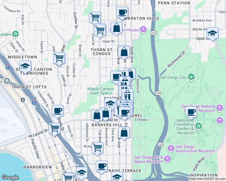 map of restaurants, bars, coffee shops, grocery stores, and more near 313 Olive Street in San Diego