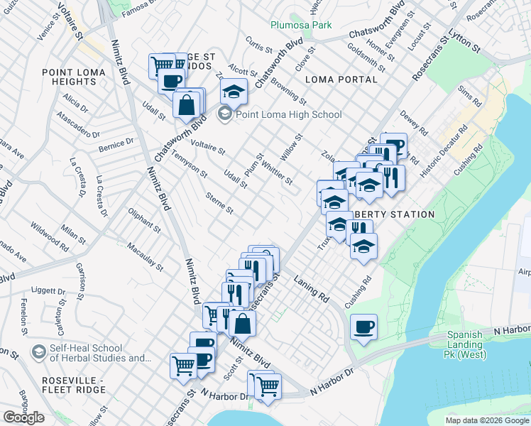 map of restaurants, bars, coffee shops, grocery stores, and more near 2111 Evergreen Street in San Diego