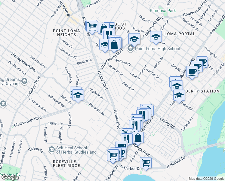 map of restaurants, bars, coffee shops, grocery stores, and more near 3509 Quimby Street in San Diego