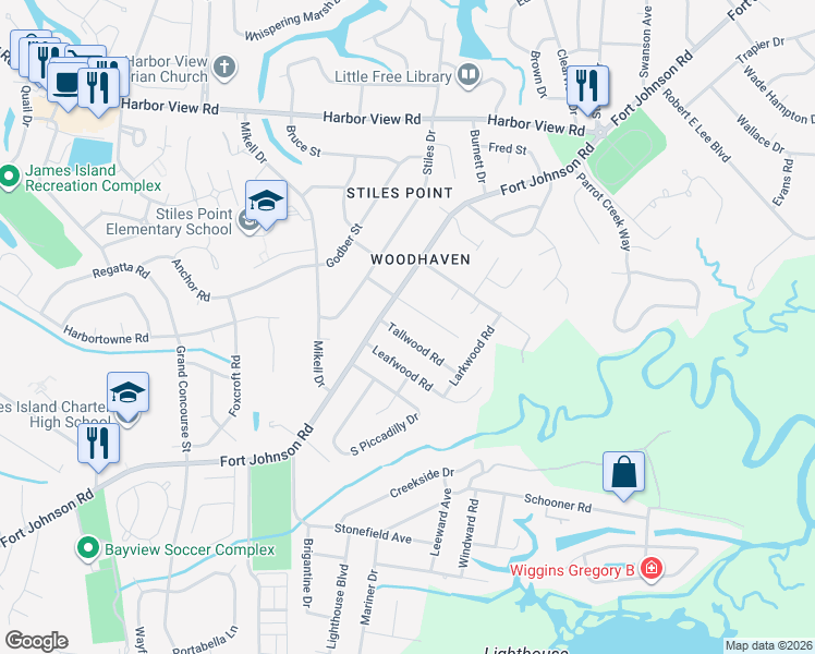 map of restaurants, bars, coffee shops, grocery stores, and more near 742 Tallwood Road in Charleston