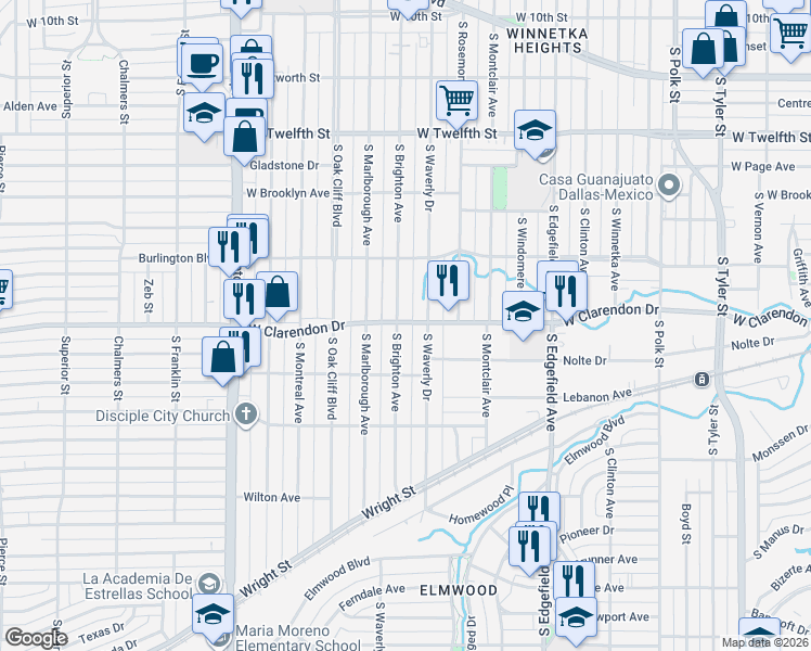 map of restaurants, bars, coffee shops, grocery stores, and more near 1108 South Brighton Avenue in Dallas