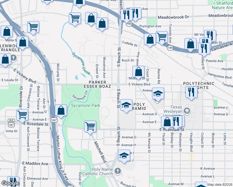 map of restaurants, bars, coffee shops, grocery stores, and more near 17 South Beach Street in Fort Worth
