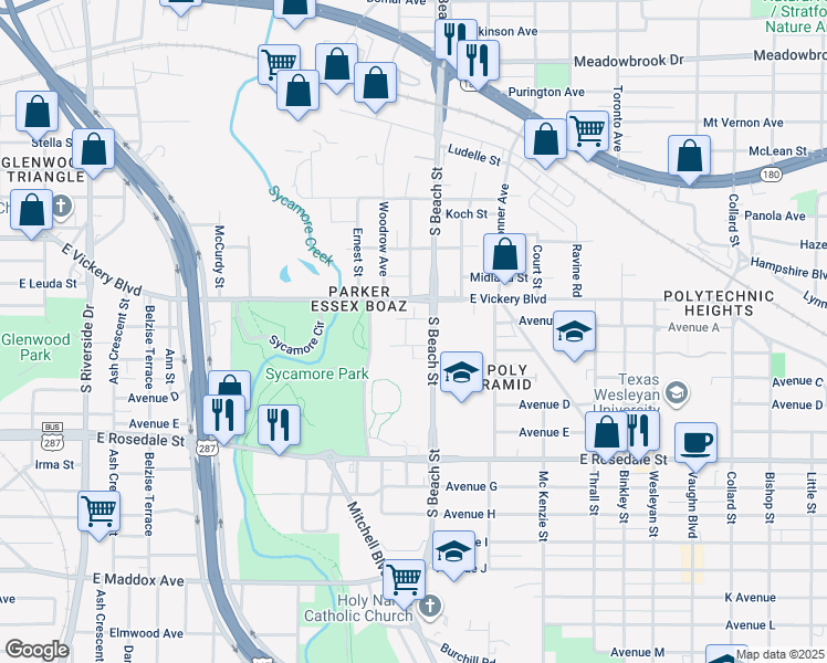map of restaurants, bars, coffee shops, grocery stores, and more near 17 South Beach Street in Fort Worth