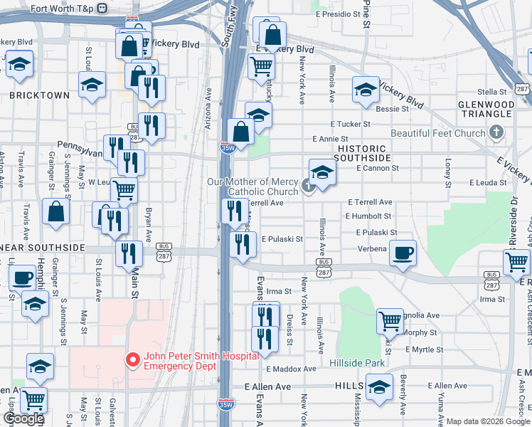 map of restaurants, bars, coffee shops, grocery stores, and more near 924 Evans Avenue in Fort Worth