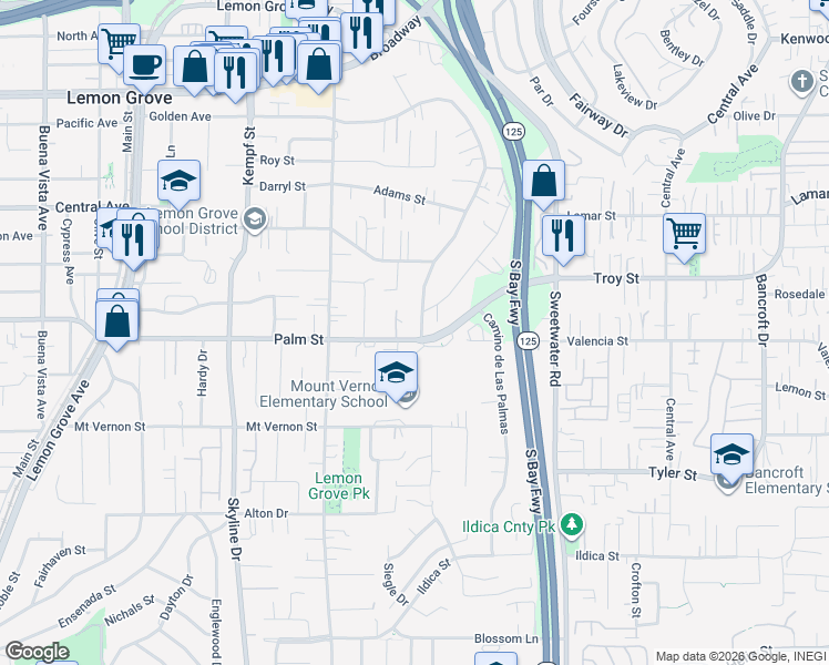 map of restaurants, bars, coffee shops, grocery stores, and more near 8380-82 Palm Street in Lemon Grove