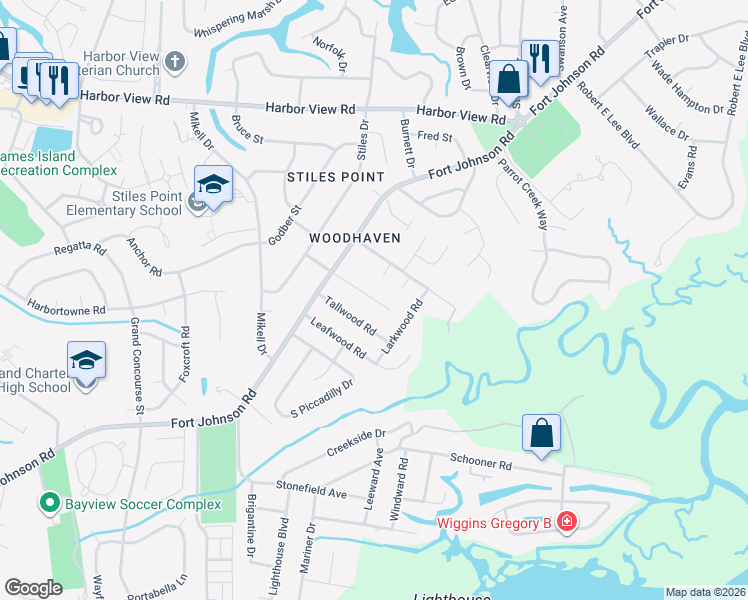 map of restaurants, bars, coffee shops, grocery stores, and more near 717 Canopy Cove in Charleston