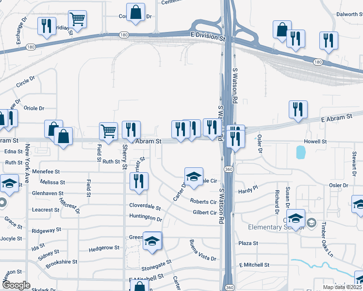 map of restaurants, bars, coffee shops, grocery stores, and more near 2500 East Abram Street in Arlington