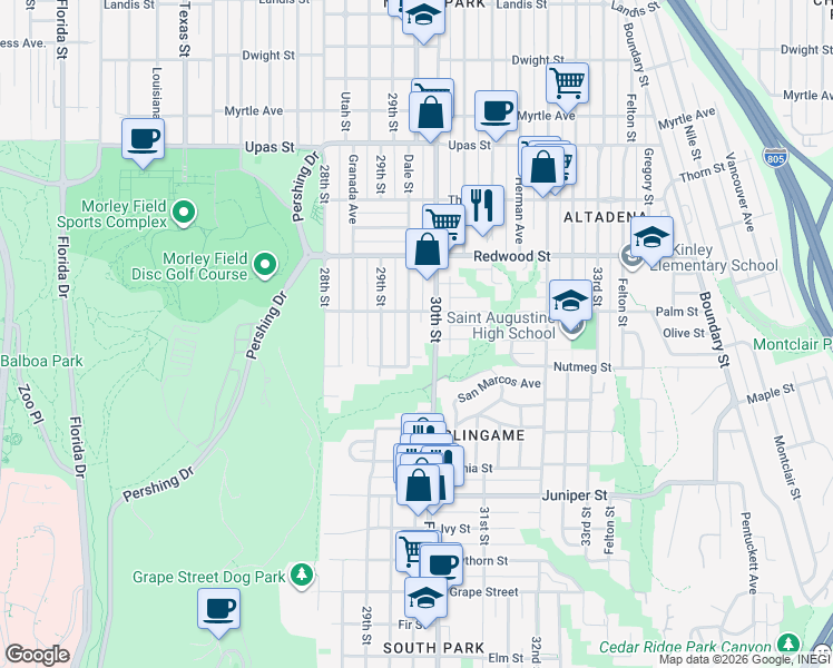 map of restaurants, bars, coffee shops, grocery stores, and more near 2807 Dale Street in San Diego