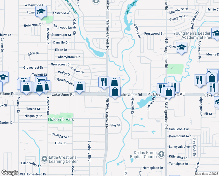 map of restaurants, bars, coffee shops, grocery stores, and more near 1316 North Prairie Creek Road in Dallas
