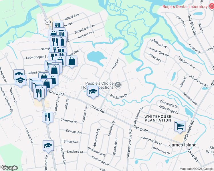 map of restaurants, bars, coffee shops, grocery stores, and more near 20 Maplecrest Drive in Charleston