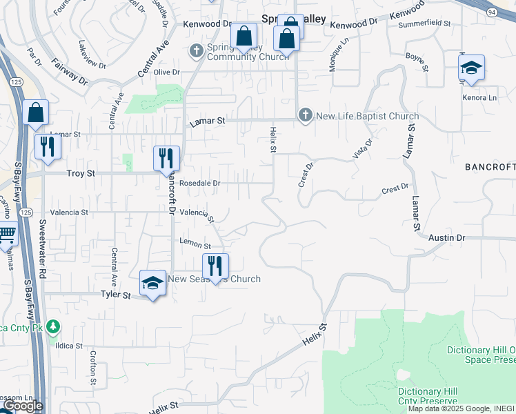 map of restaurants, bars, coffee shops, grocery stores, and more near 2850 Helix Street in Spring Valley
