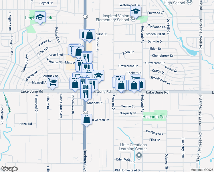 map of restaurants, bars, coffee shops, grocery stores, and more near 8239 Lake June Road in Dallas