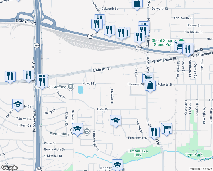 map of restaurants, bars, coffee shops, grocery stores, and more near 2803 Candace Drive in Grand Prairie
