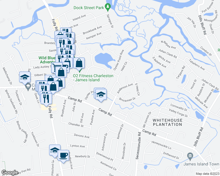 map of restaurants, bars, coffee shops, grocery stores, and more near 9 Maplecrest Drive in Charleston