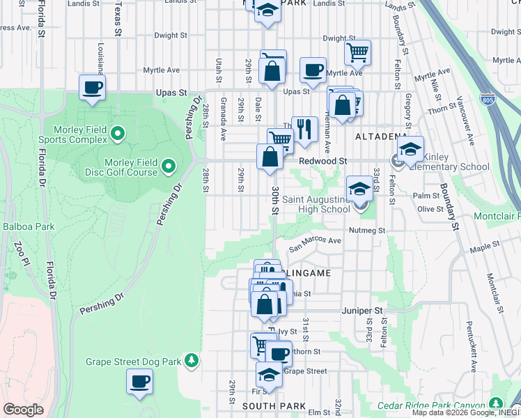 map of restaurants, bars, coffee shops, grocery stores, and more near 2807 Dale Street in San Diego