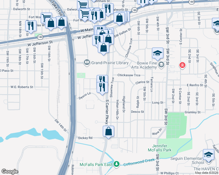 map of restaurants, bars, coffee shops, grocery stores, and more near 926 Shawnee Trce in Grand Prairie