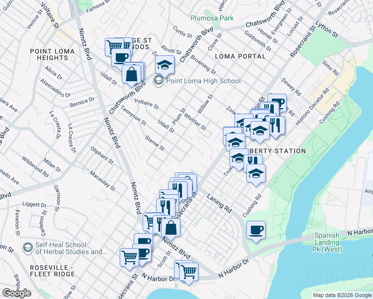 map of restaurants, bars, coffee shops, grocery stores, and more near 2111 Evergreen Street in San Diego