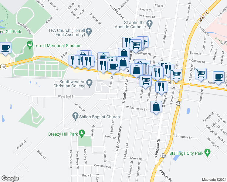 map of restaurants, bars, coffee shops, grocery stores, and more near 703 West Grove Street in Terrell